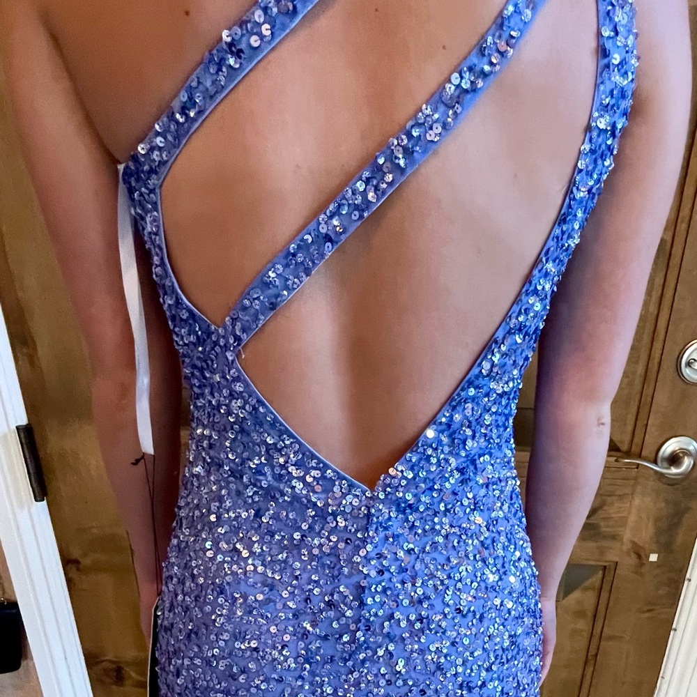 Primavera periwinkle one shoulder dress